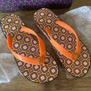 Tori Burch Cut-Out Platform Wedge Flip-Flops in Orange